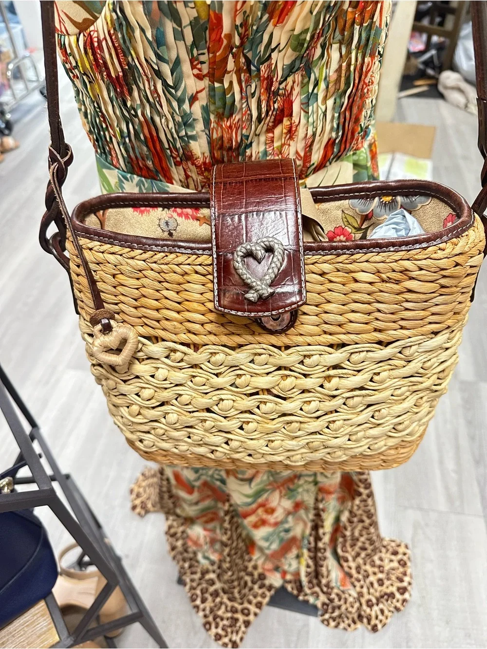 Brighton Woven Straw Crossbody in Natural and Cream with Brown Trim